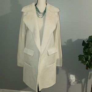 LOVE TOKEN IVORY FAUX FUR CARDIGAN.